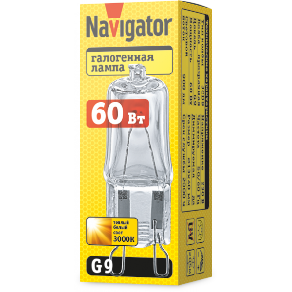 Лампа галогенная 94 216 JCD9 60Вт капсульная G9 3000К 230В clear 2000h Navigator 94216